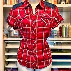 Harley-Davidson® Women's Denim Accent Plaid Short Sleeve Woven Shirt